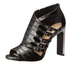 BCBGMAXAZRIA Vero Cuoio Drive Crocodile Embossed Leather Open Toe Heel w/Buckles